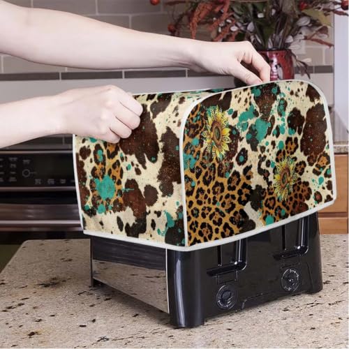 Image of Talayituse Sunflower Cow Leopard Print 2 Slice Toaster Dust Covers Kitchen Small Appliance Cover, Stain Resistant Dust Protection Bread Machine Cover with Top Handle, S