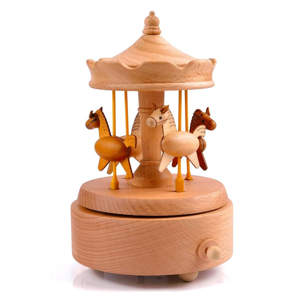 Kueohse Carousel Music Box Wooden Music Box Merry-Go-Round Horse Musical Box Turn Horse Shaped Wood Crafts Birthday Gifts Home Decor