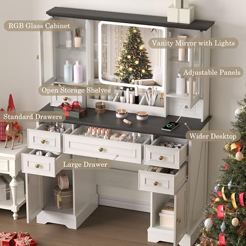 Image of Makeup Vanity Desk with Mirror and Lights, Farmhouse Vanity Table Set with 6 Drawer&Charging Station, Makeup Table with RGB Cabinets, White Vanity with Lighted Mirror for Girls Women, 3 Light Modes