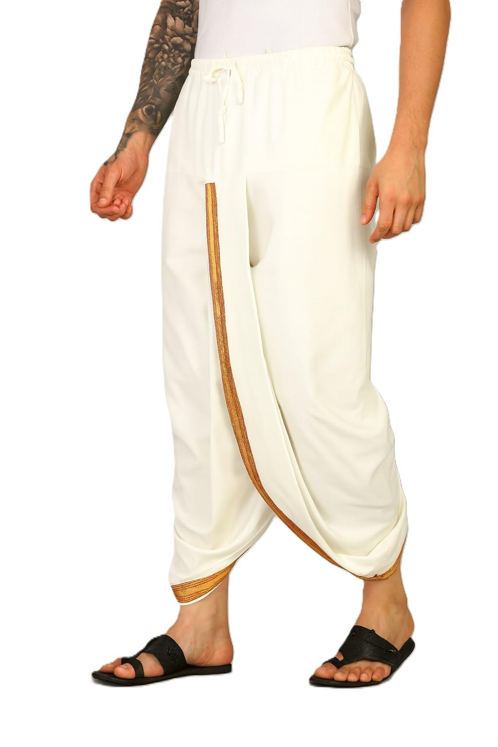 Men's Colour Panjakejam Readymade Golden Zari Border Dhoti Free size Silk Striped, Solid, Embroidered Men Dhoti-image-16