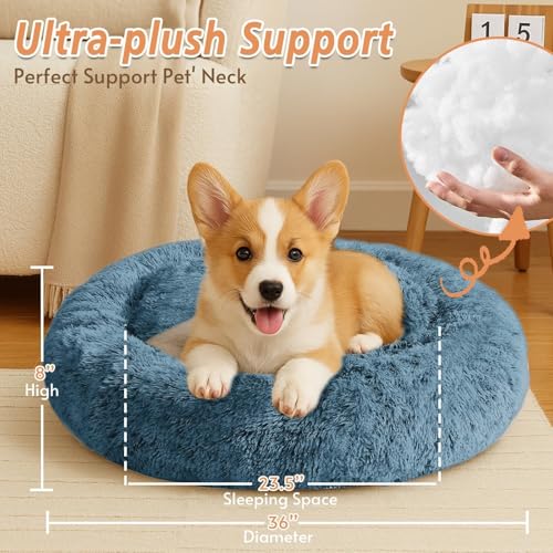 Image of JOLLYVOGUE Calming Dog Beds Large Sized Dog, 36in Donut Washable Large Pet Bed, Anti-Slip & Anti-Anxiety Fluffy Faux Fur Round Dogs Bed, Fits up to 80 lbs Pets (Blue)