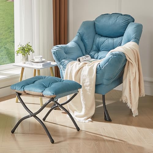 HollyHOME Lazy Chair with Foldable Ottoman, Accent Comfy Lounge Armchair and Folding Footrest Stool, Leisure Sofa Reading Chair and Footstool for Living Room, Bedroom, Dorm,Blue by HollyHOME - Used condition - Image 9