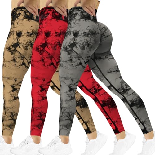 SENBAN Women Scrunch Workout Leggings: Butt Lifting High Waisted Yoga Pants - Tie Dye Seamless Booty Gym Leggings 3 Pack Black Red Brown Medium
