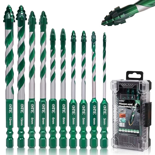 Glasbohrer Set 10 tlg, Vierschneidiger Sägezahn Exzenterbohrer mit Kobalt, fliesenbohrer set 3-12mm,6,35 mm Sechskantschaft, Hartmetallbohrer für Keramik, Fliesen, Metall, Beton, Glas, Kunststoff,Holz