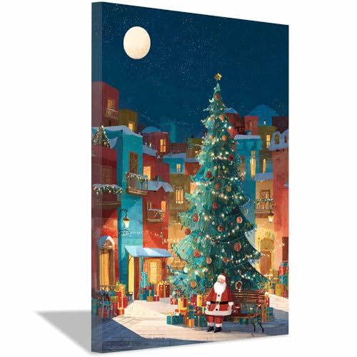 Arbre de Noël peinture sur toile vintage déco murale verte salon 70x100cm