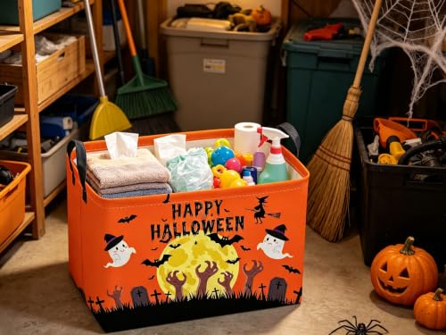 Image of Sanjiaofeng Rectangular Halloween Ghost Storage Basket,Empty Halloween Basket.Trick or Treat Halloweens Baskets,Pumpkin Baskets with Handles.Books Bins,Gifts Box(Hat Spirit)