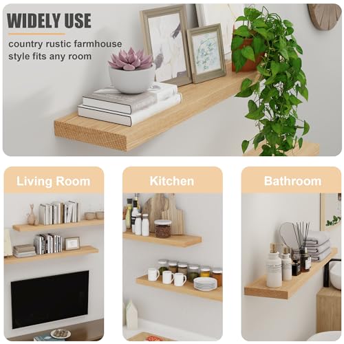 Flyjoe Solid Oak Floating Shelves - Set Of 2, 24 Inch Wide X 8 Inch Deep Wall Mounted Rustic Wooden Display Shelf For Bathroom Bedroom Kitchen Garage With Heavy-Duty Bracket thumb #5