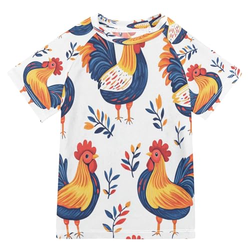 Boys Short Sleeve T-Shirts Rooster White Chicken Rashguard Kids Swim Shirts Sun UPF 50+