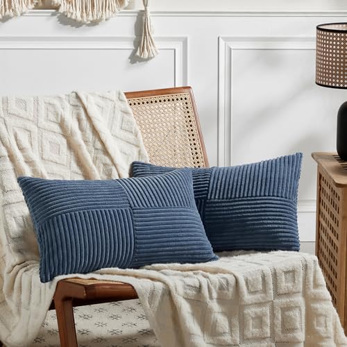 Image of Fancy Homi 2 Packs Dusty Blue Lumbar Decorative Throw Pillow Covers 16x32 Inch for Couch Bed Sofa, Rustic Farmhouse Boho Home Decor, Soft Striped Corduroy Rectangle Accent Cushion Case 40x80 cm