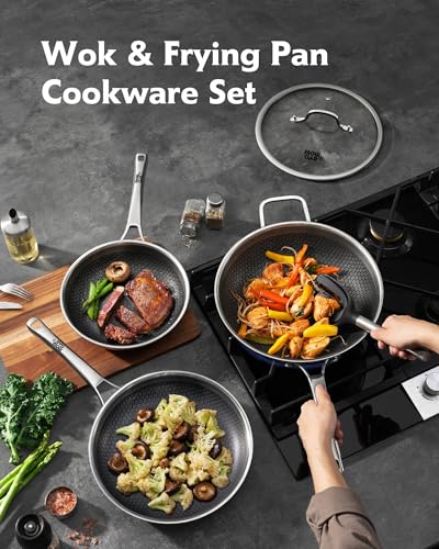Image of 3-Piece Hybrid Stainless Steel Cookware Set-12 Inch Wok with Lid,10 Inch Frying Pan,12 Inch Skillet with Lid-Non Stick,PFOA Free,Dishwasher&Oven Safe,Induction Compatible,Cookware Set.
