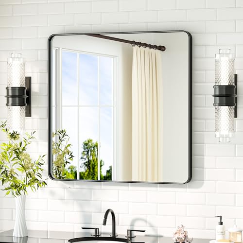 Image of TETOTE Black Bathroom Mirror 30 x 30 Matte Black Metal Framed Vanity Mirror, Tempered Glass, Wall Mounted for Bathroom, Entryway, Bedroom, Living Room(Horizontal /Vertical)