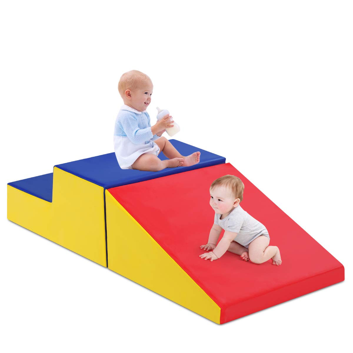 COSTWAY Toddler Climb and Crawl Foam Play Set, Children's Stairs and Ramp Software Activity Toys, Baby Soft Play Equipment for Climbing, Sliding, Crawling (Blue+Red)