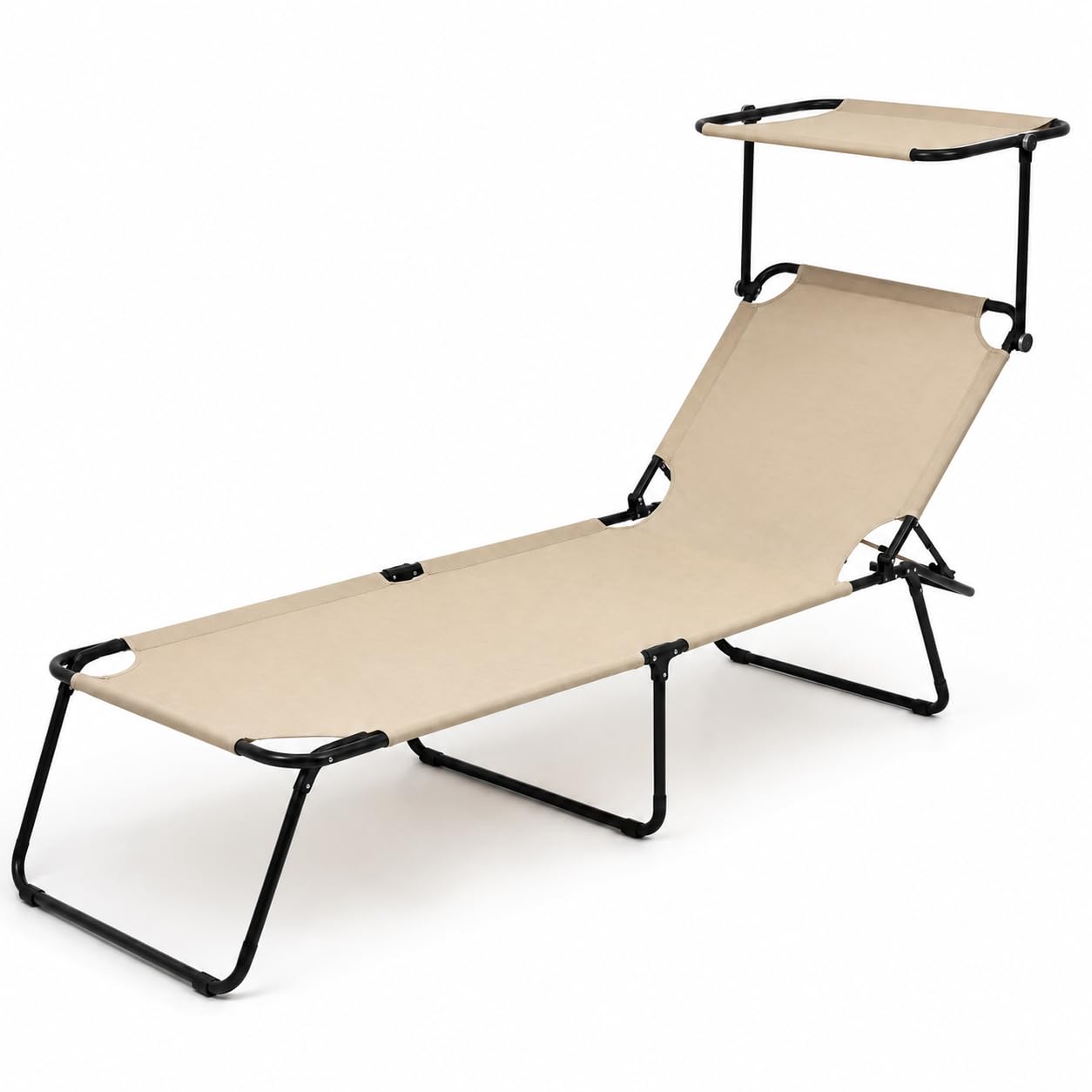 Lettino Pieghevole Con Tettuccio Regolabile Prendisole Parasole Schienale Reclinabile Regolabile Struttura In Metallo Nero Sedia Sdraio Per Spiaggia Mare Giardino Piscina 187 x 53 x 24 Cm (Beige)