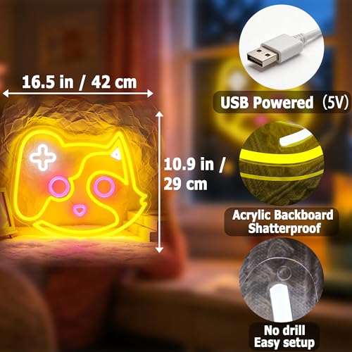 Image of Cat Game Neon Sign for Wall Decor Light Up Sign Led Signs for Room Party Home Wall Decor USB Powered