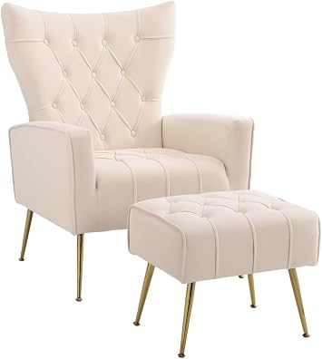 Accent Chair With Ottoman Modern Accent Chairs with Armrests and Backrest,Button Tufted Chair,Single Recliner Armchair Upholstered Velvet Armchair Furniture for Living Room Bedroom Office Beige