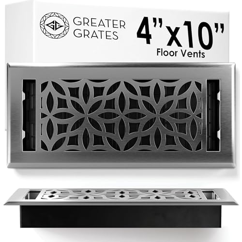 Greater Grates Floor Register 4x10 Vent Cover – Heavy-Duty Steel, Rustproof & Walkable Grates, Easy Drop-in Install, Adjustable Air Supply Switch - Decorative Floral Design, Brushed Nickel