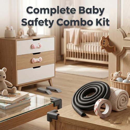 Image of Safe-O-Kid Complete Baby Safety Combo Kit | 2 Smiley-End Safety Locks, 1 Monkey-Shaped Door Stopper, 2 TPR Door Stoppers, 4 Corner Protectors & 2M Edge Guard Tape | Child Safety for Home - Assorted