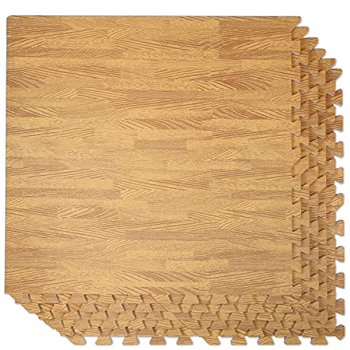 Clevr 100 Sq. Ft 3/8 Inch Thick Interlocking Foam Mats Flooring, Light Wood Oak Grain Style - (24" x 24", 25 pcs), Protective Flooring for Home Office Playroom Basement Trade Show, 1 Year Warranty