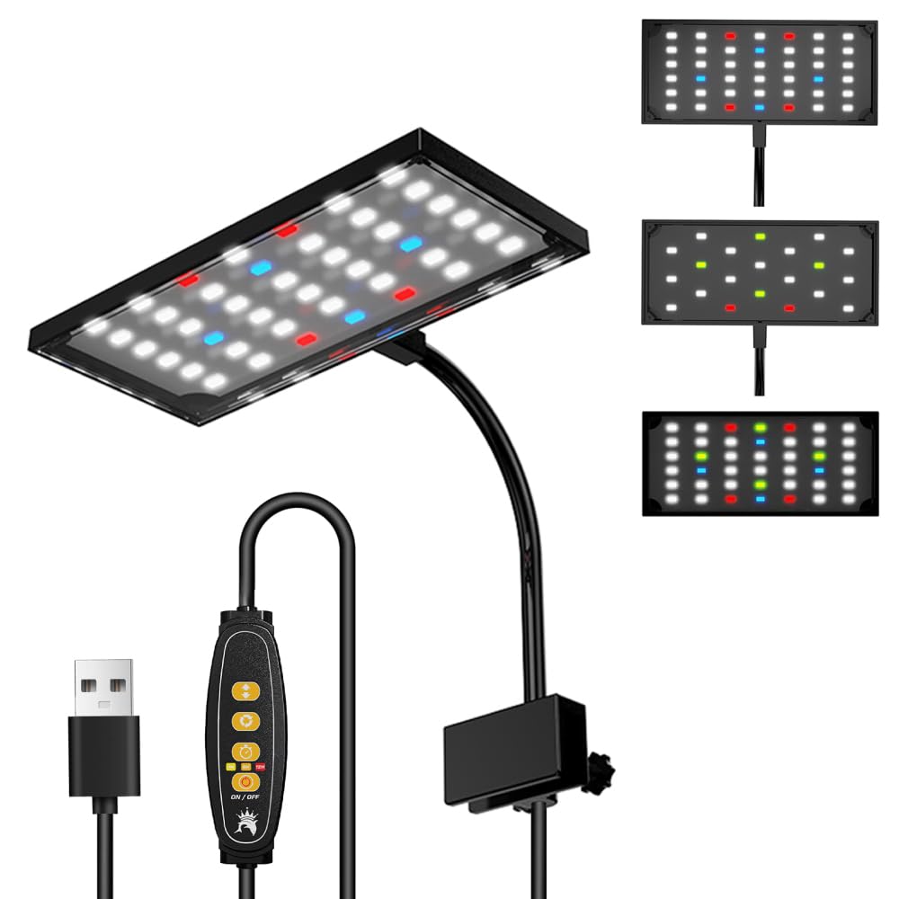 Dongker Zy-A6 Clip On Aquarium Light,3 Lighting Modes Full Spectrum Fish Tank Light Adjustable Timer/ 10 Brightness With 360° Rotation Lamp Rod For Within 0.5" Thickness Glass Aquariums Tanks