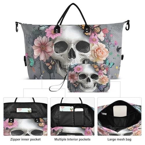 Skull Colorful Floral Travel Duffel Bag Gym Bag Sports Tote Bag with Multiple Interior Pockets Shoulder Weekender Bag for Women Men with Toiletry Bag 20.5”x 7.9”x 13.8”2