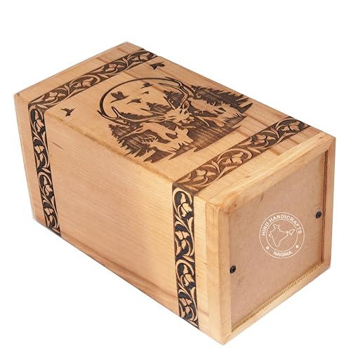 Image of Handcrafted Floral Engraved Wooden Urns for Human Ashes Adult Large - Cremation Urn for Ashes - Burial Urn for Columbarium - Funeral Urn Box (Buck Deer 2, 250 LB - Beechwood)