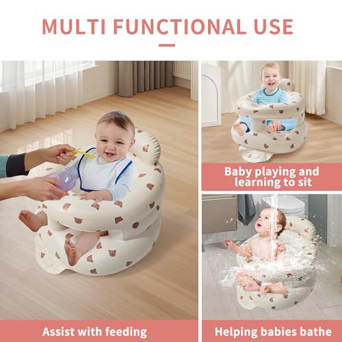 Image of Portable Inflatable Baby Seat with Safety Fence - Sit-Up Chair for Infants & Toddlers | Secure Baby Floor Seat for Sitting Practice | Lightweight Design with Built-in Air Pump(Bear)