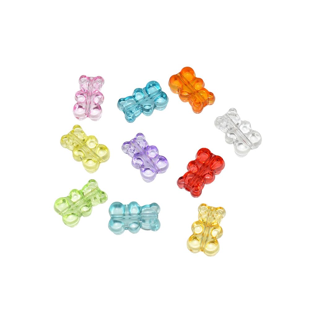 JIHUOO 100pcs Colorful Gummy Bear Beads 18mm Clear Acrylic Kawaii Candy Color Spacer Loose Beads for Bracelet Necklace Jewelry Making Vertical Hole