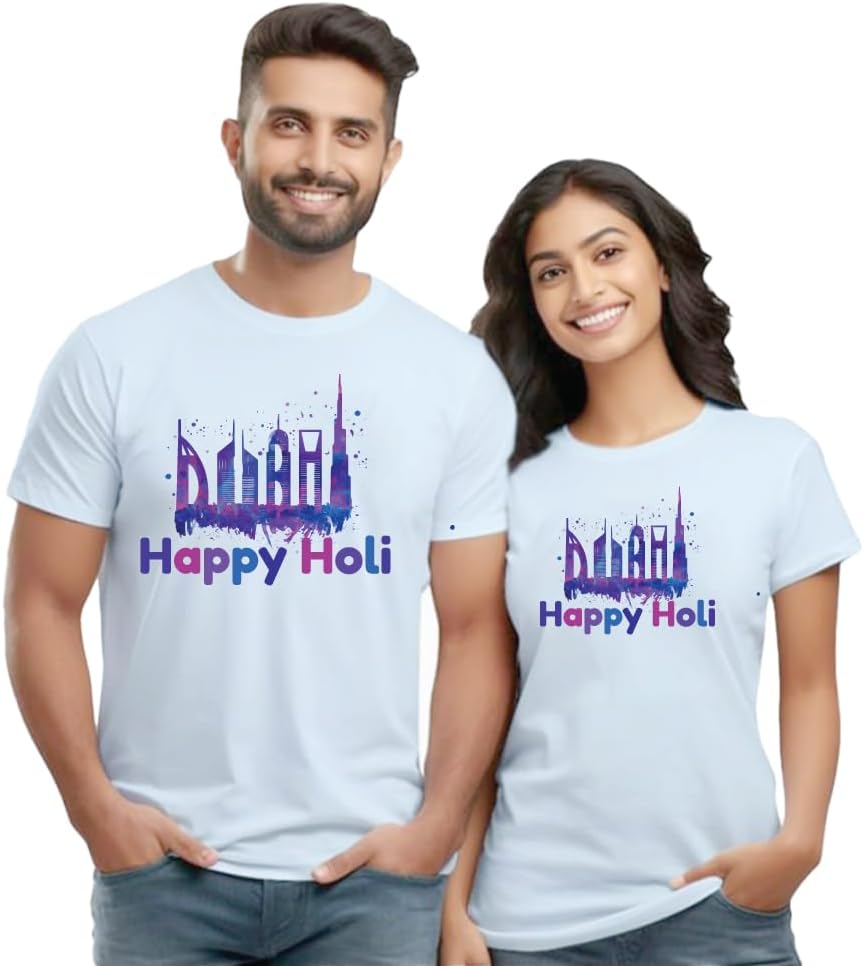 PRINTSHOP4MEHappy Holi Dubai Adult Couples T-Shirt- Round Neck with Short Sleeve Cotton T-Shirt - Celebrate Holi in Dubai - Matching Couples Holi Dubai Printed T-Shirt