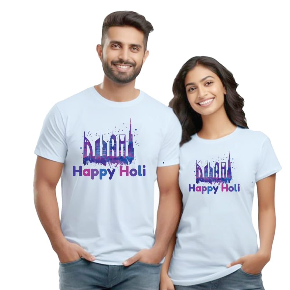 PRINTSHOP4MEHappy Holi Dubai Adult Couples T-Shirt- Round Neck with Short Sleeve Cotton T-Shirt - Celebrate Holi in Dubai - Matching Couples Holi Dubai Printed T-Shirt