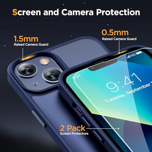 Image of Miracase Magnetic for iPhone 13 Case 6.1 inch (Compatible with MagSafe)(with 2X Screen Protectors) Military-Grade Protection, Anti-Fingerprint Translucent Matte Phone Case Cover, Dark Blue