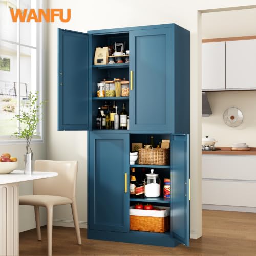 Image of Wanfu 71 inch Tall Pantry Cabinet, Metal Kitchen Pantry Cabinet with 4 Doors and 4 Adjustable Shelves, Kitchen Pantry Storage Cabinets, Metal Storage Cabinet for Kitchen, Dining Room, Living Room-Blue
