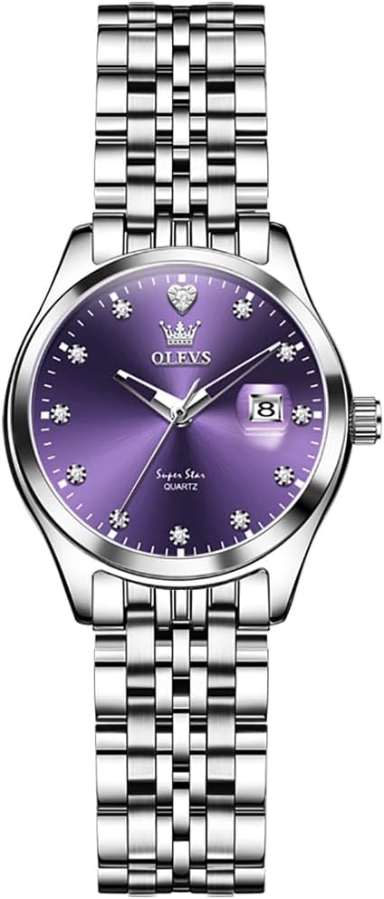 OLEVS Stainless Steel Watches for Women, Luxury Silver Ladies Watch with Date, Waterproof Analog Quartz Dainty Womens Watches, White/Pink/Blue/Purple Dial