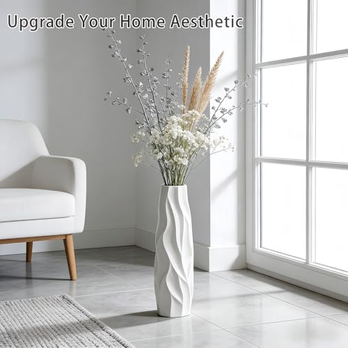 White Tall Ceramic Floor Vase, 15.7 Inch, Pleated Wave Design - Image 5