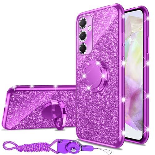 nancheng Case for Galaxy A35 5G Girls Women Cute Glitter Soft TPU Cover with Ring Kickstand Strap Lanyard Bumper Shockproof Protective Cell Phone Case for Samsung Galaxy A35 5G - Purple