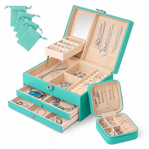 Morisey Joyero Premium Mujer 3 Niveles - Organizador de Joyas Grande con Espejo y Estuche de Viaje - Regalo Elegante para Mujer y Adolescente