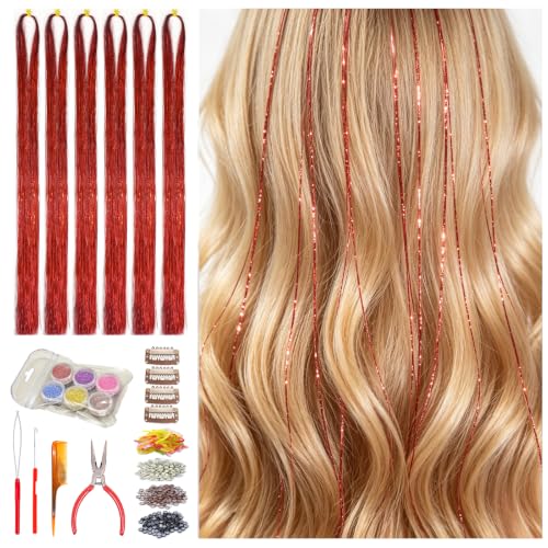 Celinabella Crimson Red Hair Tinsel Kit 6 Packs 1500 Strands 48Inch Heat Resistant Micro Link DIY Hair Tinsel Set with Tools for Women Girls Festival Party Daily