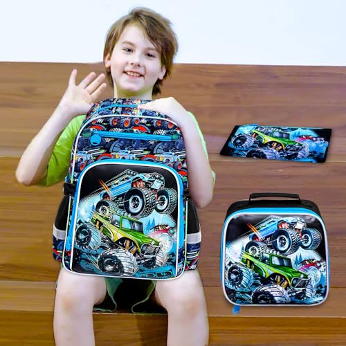 Image of WZLVO 3PCS Truck Bookbag for Boys, 16 inch Cool UV Printing Kids Preschool Backpack /School Bag with Clip-On Lunch Bag & Pencil Bag for Kids to Elementary - Truck Green