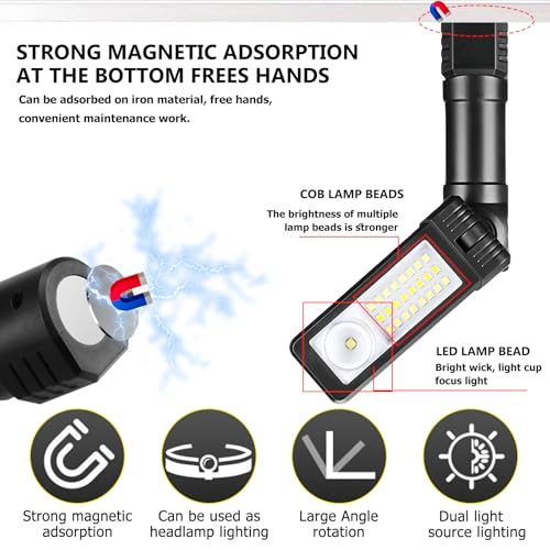 BORDEAG 2 Stück LED Arbeitsleuchte - Aufladbare Werkstattlampe mit Schwenkfunktion, COB Inspektionsleuchte & Taschenlampe LED für Autoreparatur, Camping und Notfälle