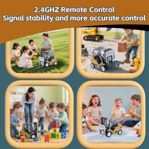 Image of PLUSPOINT 2.4GHz RC Forklift Toy | 1:64 Mini Rechargeable Remote Control Forklift with 2-in-1 Lift Fork & Crane Hook, Lights, Sound & Cargo Boxes | Construction Vehicle Toy for Kids Age 3+