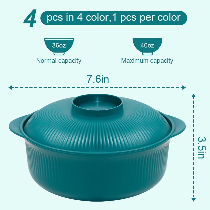 Image of Green 40oz Cereal Bowls with lid set of 4,Microwave Safe,Family&Camping