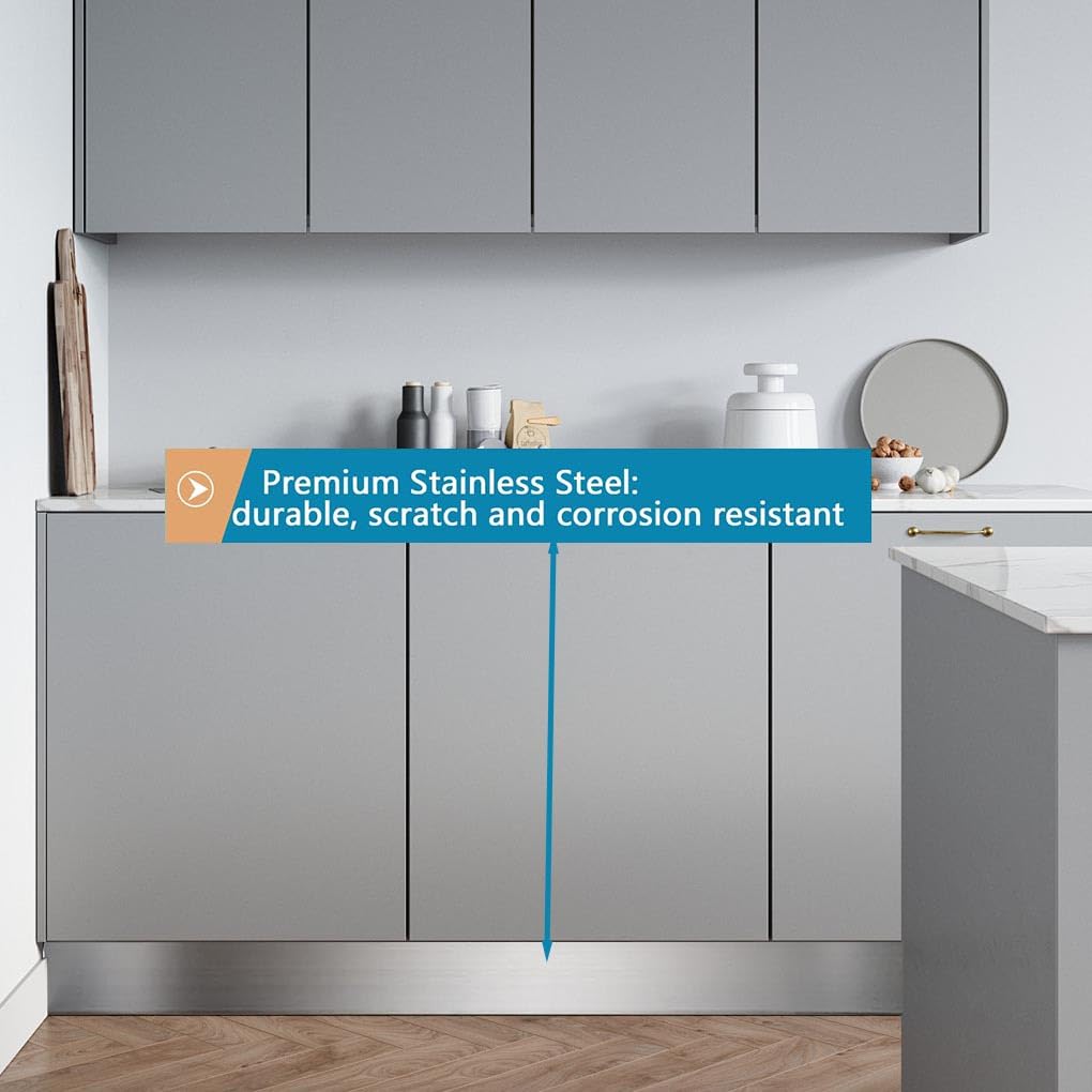 Placa de protección autoadhesiva para una fácil instalación en islas de cocina, armarios, placa protección acero inoxidable, tornillos y zócalo, A, 10 x 260 cm