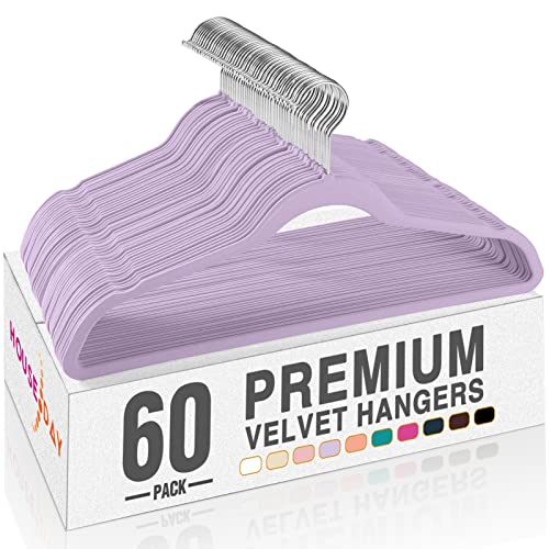 Image of HOUSE DAY Lt-Purple Velvet Hangers 60 Pack, Non Slip Clothes Felt Hanger Heavy Duty for Coat, Premium Slim Space Saving Suit Hangers for Closet Organizer, 360 Rotating Silver Hook