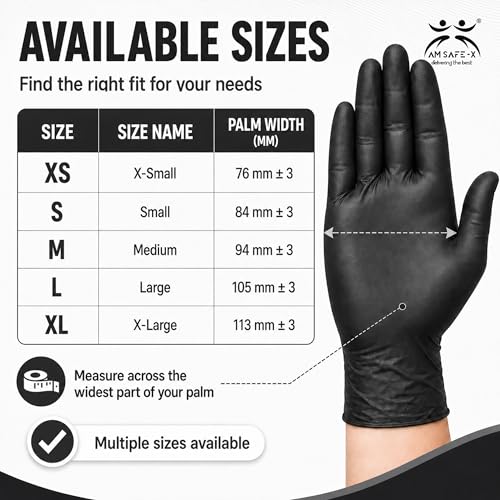 Image of AM SAFE-X Powder Free Black Nitrile Hand Gloves 100pcs Large | Food Grade Heavy Duty Disposable Gloves | Textured Grip| Single Use | Cleaning, Kitchen, Tattoo, Salon, Automotive & Examination Gloves