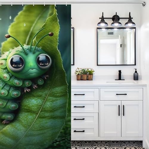 Rideau douche tissu caterpillar vert imperméable 122x183cm lavable baignoire