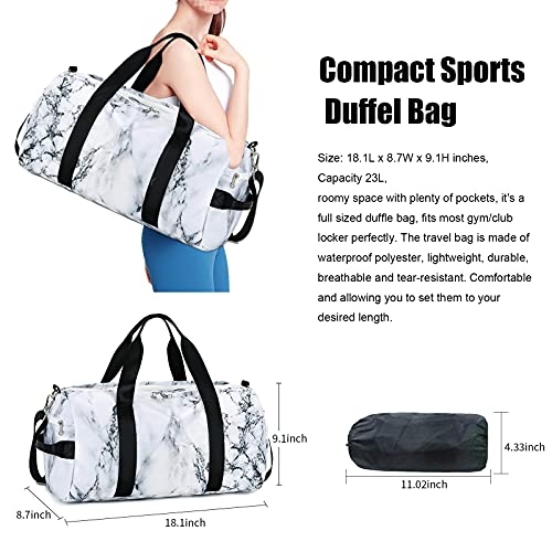 Sport Gym Duffle Travel Bag for Men Women Duffel with Shoe Compartment, Wet Pocket (Marble-White)