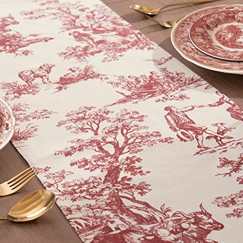 Red Table Runner For Kitchen,Rustic Vintage Toile Floral Patterned Cream Beige Ivory Canvas English Country Cottage Western Antique Table Runners For Dining Room Valentines Coffee Decor,72 Inches Long #TOP2