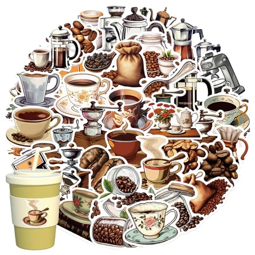 50 pegatinas de café, pegatinas vintage de café lindo graffiti, granos de café, máquina de café, resistente al agua, pegatinas de vinilo para scrapbook, portátil, botellas de agua, bicicleta,