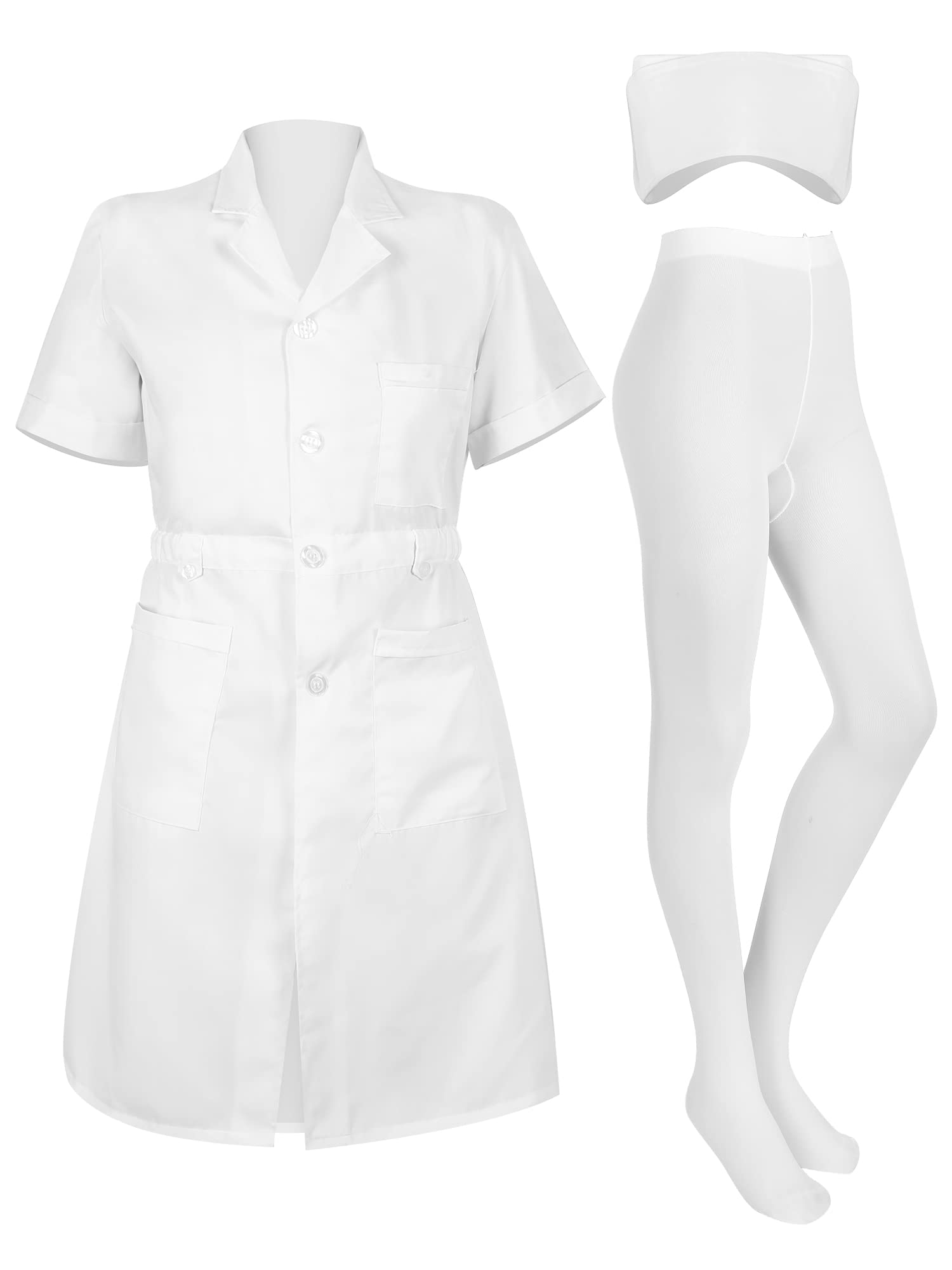 Hercicy 3 Nurse Set for Women White Short Sleeve Professional Medical Lab Coat Nurse Cap Solid Color Footed Pantyhose Costume