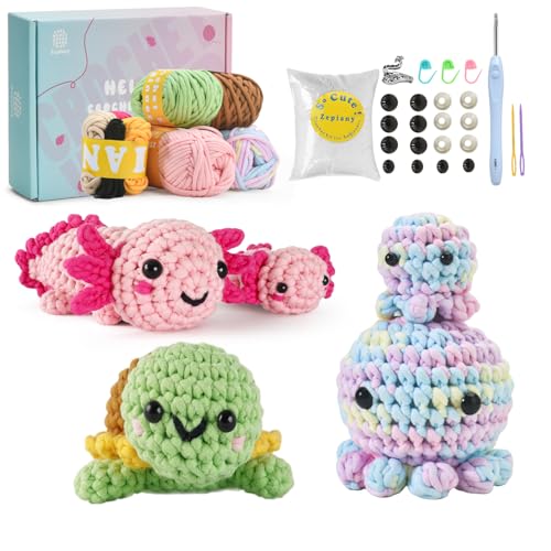 Image of Crochet Kit for Beginners, 5 Pack Amigurumi Beginner Crochet Kits Animals, Crochet Turtle Axolotl Octopus Crocheting Kit, Easy Knitting Kit for Beginners with Step-by-Step Video Craft Kits for Adults