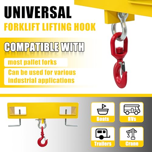 KUAFU Universal Forklift Lifting Hook 4800 LBS Capacity Forklift Lifting Attachment Hoist with Swivel Hook and 2 L-Screws (Yellow, Steel, Powder Coated)